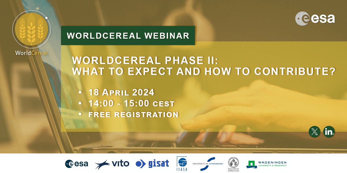 🚨 Last chance to join the #WorldCereal #webinar tomorrow!

Register if you're interested in:

👉 cloud-based processing for global #crop monitoring at field scale
👉 outcomes WorldCereal Phase I 
👉 new activities in Phase II
👉 how to get involved  

esa-worldcereal.org/en/events/webi…