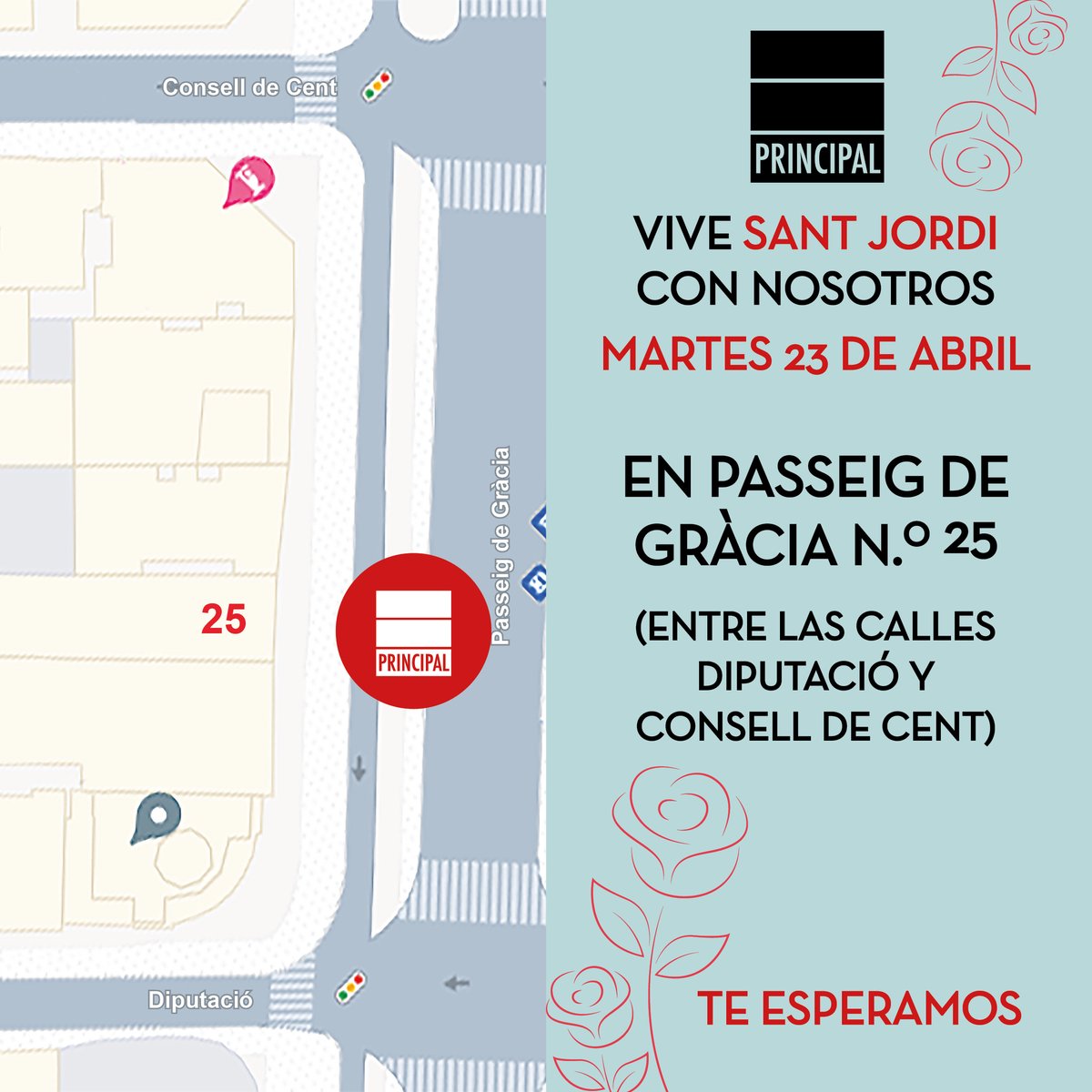 Vive Sant Jordi con nosotros 🌹 ¡Os esperamos en nuestra parada! ✨ 📌 Passeig de Gràcia n°25 (entre las calles Diputació y Consell de Cent) ¡Allí nos vemos! #Principaldeloslibros #PrincipalNoir @udllibros