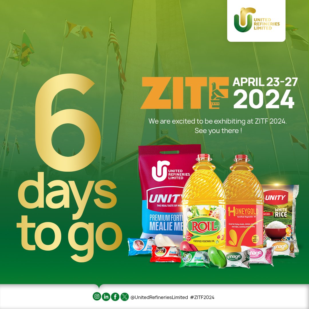 We are excited to be exhibiting at ZITF 2024. Visit our stand to learn more about our products. See you there! @BusisaMoyo @ZITF1 #ZITF2024 #unitedrefinerieslimited