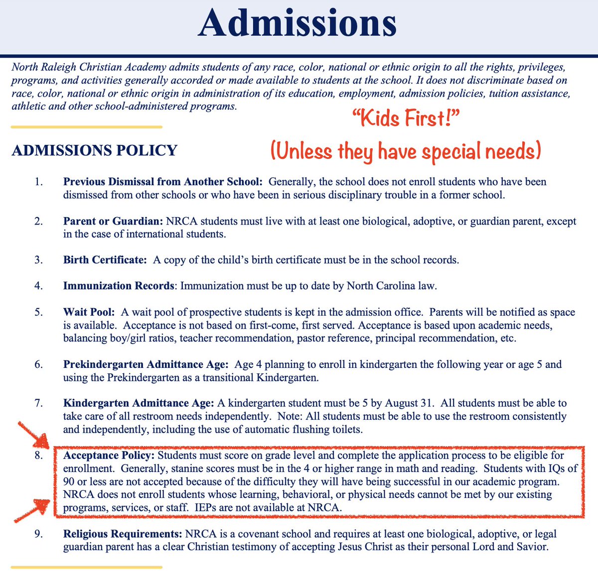 One problem with school vouchers is that it subsidizes the discriminatory admissions practices of private schools who aren't held to the same standard as public schools.  

North Raleigh Christian gets public tax $$ but specifically denies entry to special needs students. #nced