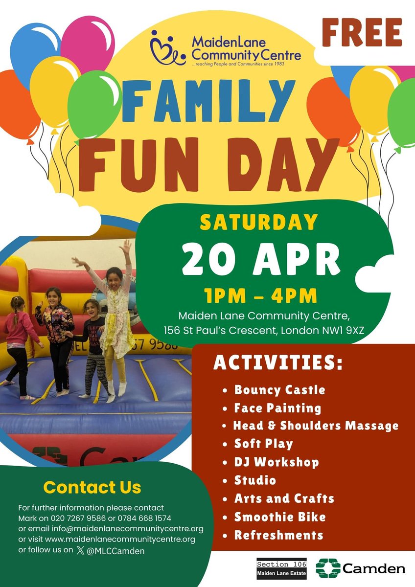 #familyfun day Sat 20 April, 1pm - 4pm <a href="/MLCCamden/">Maiden Lane Community Centre</a> #bouncycastle #facepainting #headandshouldermassage #djworks something for everyone