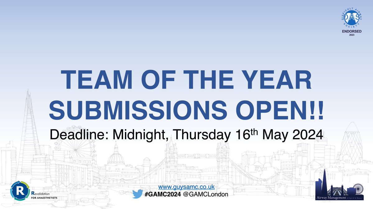 🚨TEAM OF THE YEAR SUBMISSIONS OPEN!! Make sure you tell us about your fantastic teams and some of the work you've been doing to improve airway management! There are prizes to be won! Details 👉 guysamc.co.uk/poster-competi…