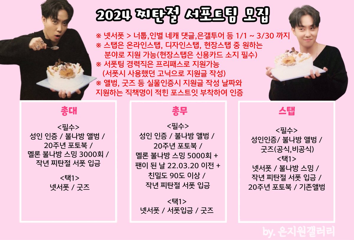 찌탄절 서포트팀 스탭입니다.
현재까지 스탭이 저 한명뿐인 관계로 찌탄절 서포트를 시작하지 못하고 있습니다. 하루 빨리 팀이 꾸려져 찌탄절 서포트를 시작할 수 있도록 서포트팀에 지원부탁드립니다.
m.dcinside.com/board/eunjiwon…
위 글도 한번씩 끝까지 읽어주시기 바랍니다!

#은지원 #EUNJIWON