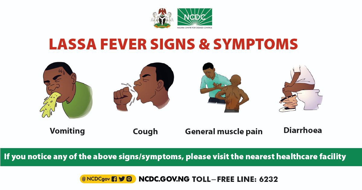 #Lassafever presents with symptoms similar to those of many illnesses like malaria. Symptoms include fever, muscle aches, sore throat, nausea & vomiting. Healthcare workers are urged to always have a high index of suspicion and practice standard infection prevention and control