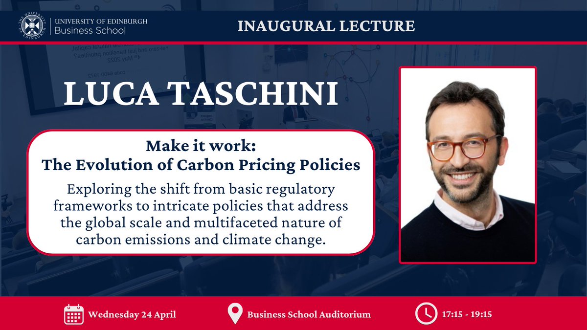 Book your spot to attend the inaugural lecture of Professor Luca Taschini as he explores the shift from basic regulatory frameworks to intricate policies that address the global scale & multifaceted nature of carbon emissions and climate change. Register: edin.ac/43lZjqb
