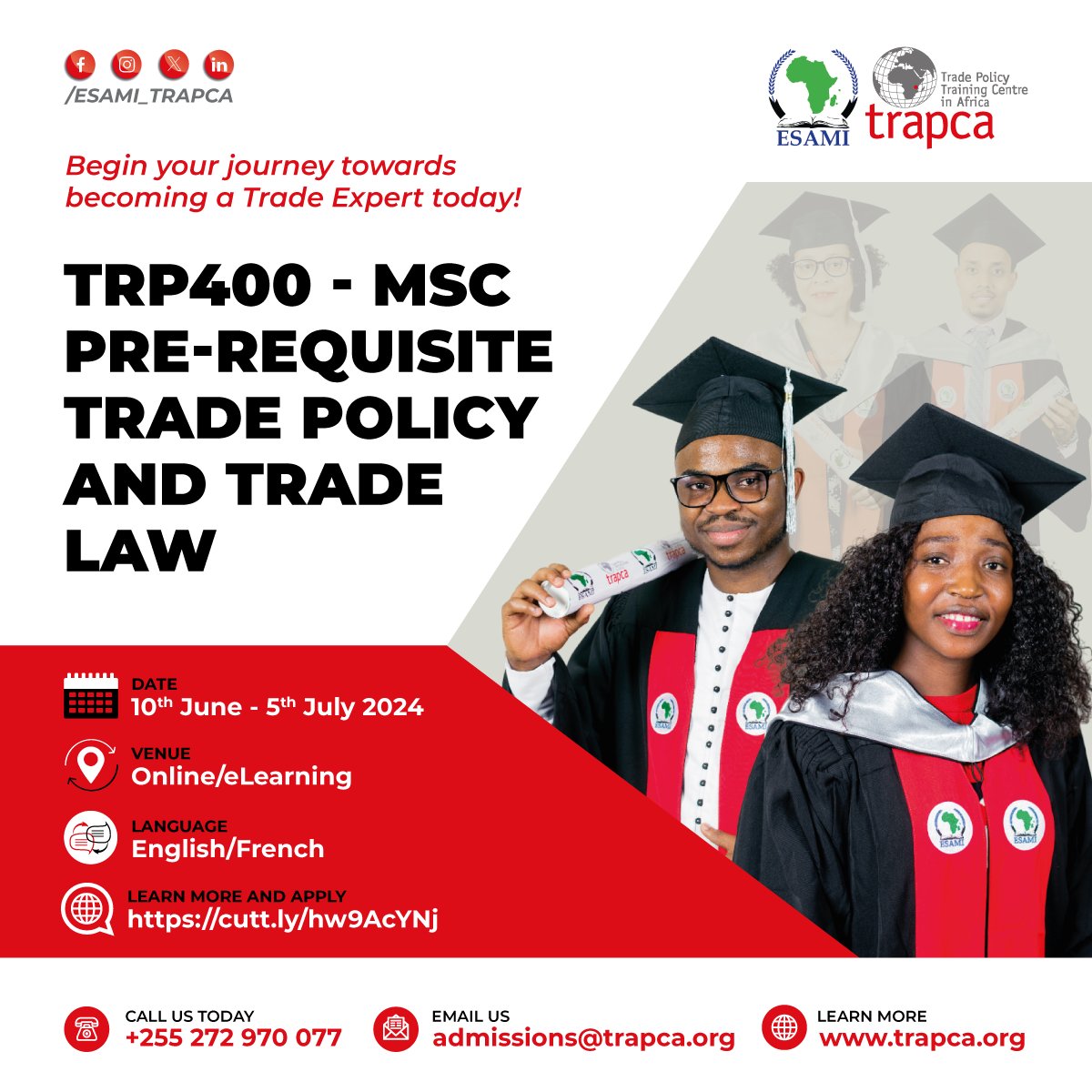 Join our MSc Pre-requisite #TradePolicy & #TradeLaw, perfect for all #trade enthusiasts! Elevate your career with @esami_trapca. Apply now: cutt.ly/hw9AcYNj

@ESAMI_INSTITUTE @lunduniversity @SweinEthiopia
#ESAMITrapca #TradeExpert #TradeFacilitation #CapacityBuilding