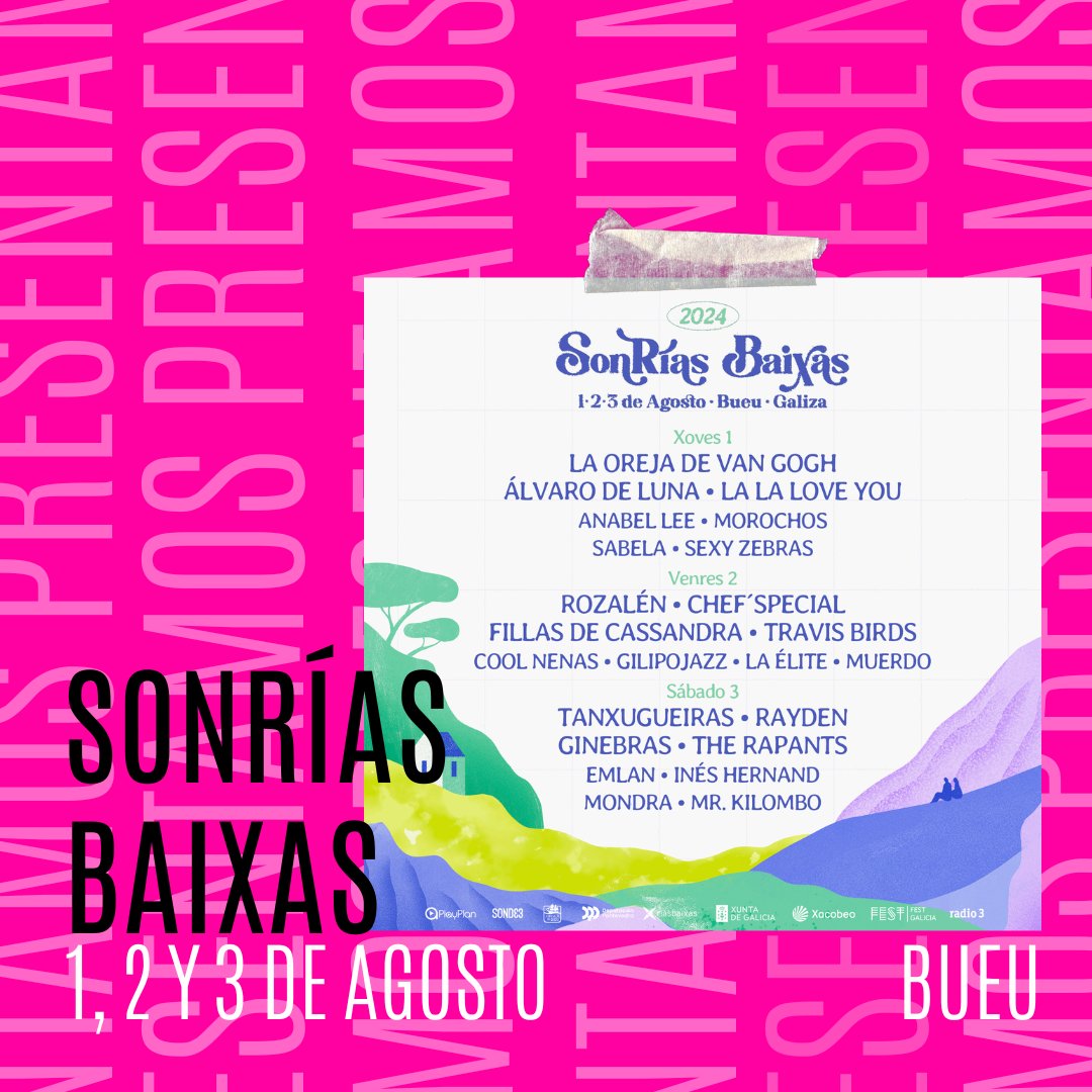 ¡Ya disponible el cartel por días del @sonriasbaixas !🎶 Del 1 al 3 de agosto tenemos una cita en Galiza Tropical, donde nos esperan unos días inolvidables. ¿Quién se apunta? 🎟 Entradas ya disponibles en: sonriasbaixas.info #SonRíasBaixas #SonRíasBaixas2024