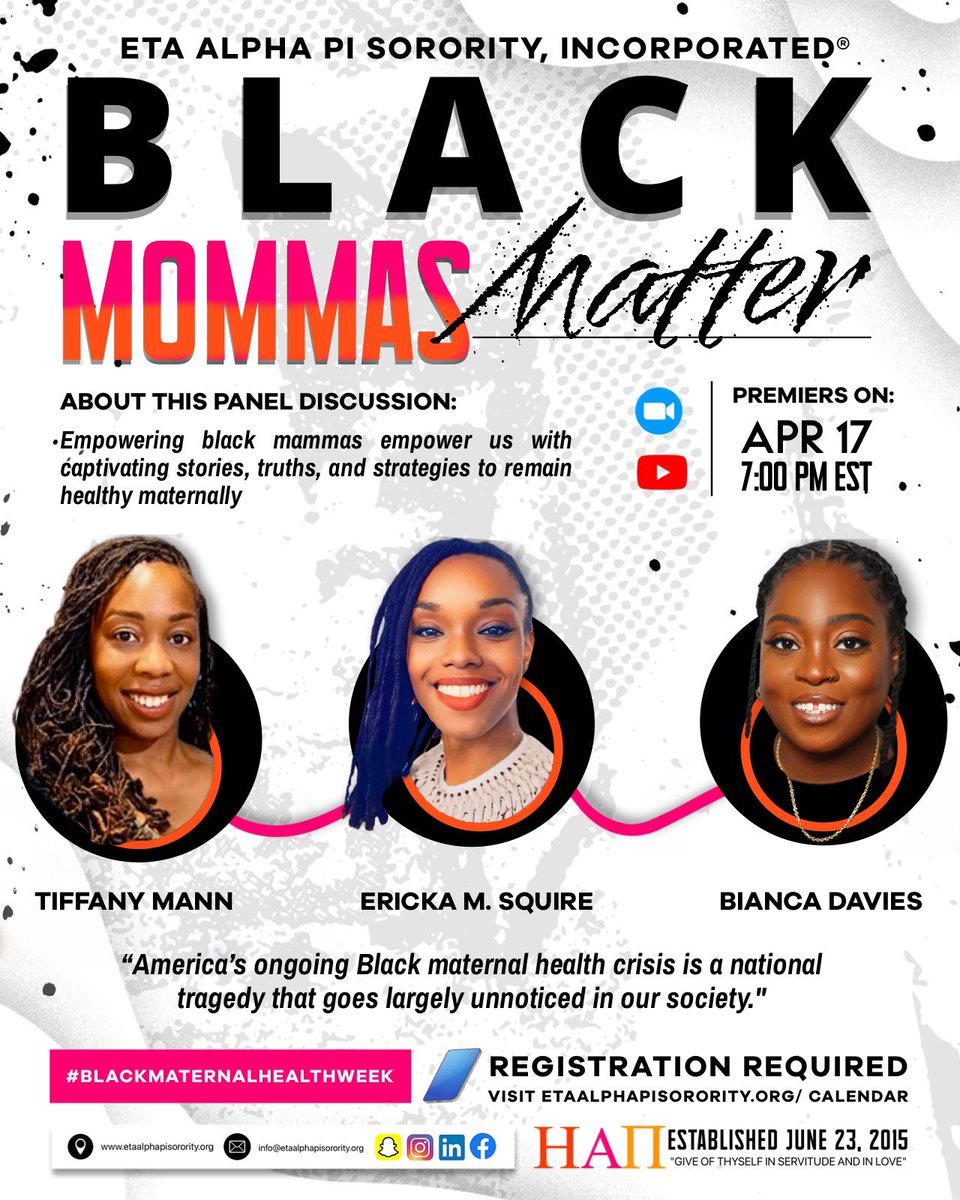 📣Don't miss out on the grand finale of our Black Maternal Health Week initiative! 🤓🖊️Join us for the Black Mammas Matter Webinar🤰🏽❤️ 🎉#BlackMaternalHealth #Inspiration #BraveMammas 💖✨

Registration: etaalphapisorority.org/calendar

#BMHW2024 #HealthEquity #BlackMomsMatter #BlackMoms