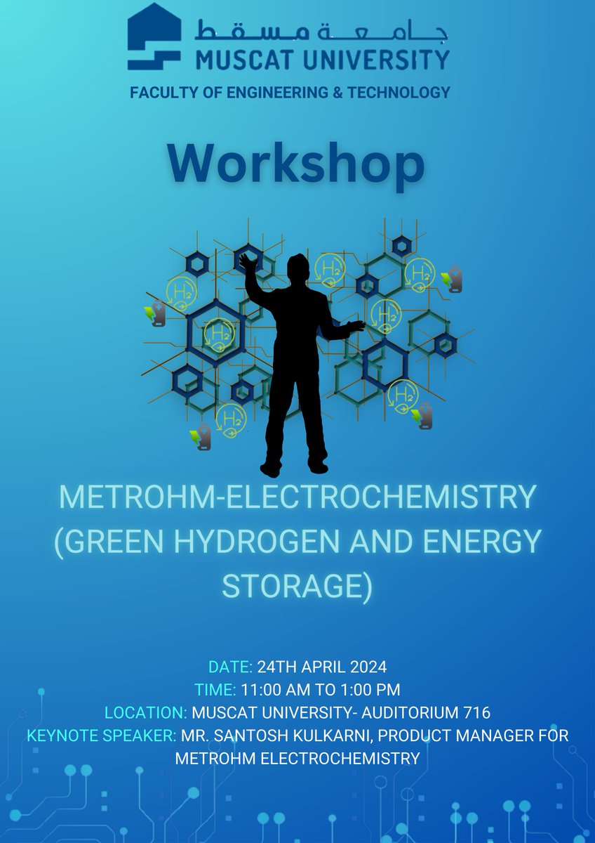 Join us for an engaging workshop on Metrohm-Electrochemistry, focusing on Green Hydrogen and Energy Storage. Featuring keynote speaker Mr. Santosh Kulkarni, Product Manager for Metrohm Electrochemistry. 🗓️ April 24th, 2024, 11:00 am – 1:00 pm at the Auditorium 7th Floor.