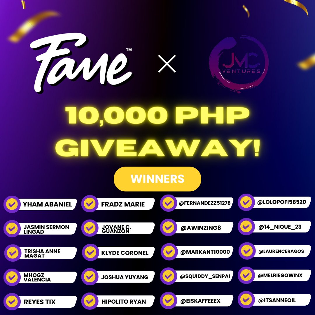 JMC Ventures (@jmcventures) on Twitter photo JMC Ventures x <a href="/Famebydexy/">Fame</a> GCash Giveaway!๐ฅณ
Prize: 10,000 PHP
Winners:
(Twitter)
<a href="/fernandezz51278/">Jay Fernandezz</a>
@Awinzing8
<a href="/MarkAnt10000/">Drieco</a>
<a href="/squiddy_senpai/">Squiddu</a>
@eiskaffeeex
<a href="/LoloPofi58520/">Kira ๐จโ๐ Kaisar</a>
<a href="/14_niQue_23/">MoniQue ๐ป๐ฎ๐</a>
<a href="/LaurenceRagos/">Laurence Meshchain.Ai</a>
@melriegowinx
<a href="/itsAnneoil/">ศบีฒีฒาฝ $FDOG ำ HUDL</a>
1/2 JMC Ventures x <a href="/Famebydexy/">Fame</a> GCash Giveaway!๐ฅณ
Prize: 10,000 PHP
Winners:
(Twitter)
<a href="/fernandezz51278/">Jay Fernandezz</a>
@Awinzing8
<a href="/MarkAnt10000/">Drieco</a>
<a href="/squiddy_senpai/">Squiddu</a>
@eiskaffeeex
<a href="/LoloPofi58520/">Kira ๐จโ๐ Kaisar</a>
<a href="/14_niQue_23/">MoniQue ๐ป๐ฎ๐</a>
<a href="/LaurenceRagos/">Laurence Meshchain.Ai</a>
@melriegowinx
<a href="/itsAnneoil/">ศบีฒีฒาฝ $FDOG ำ HUDL</a>
1/2