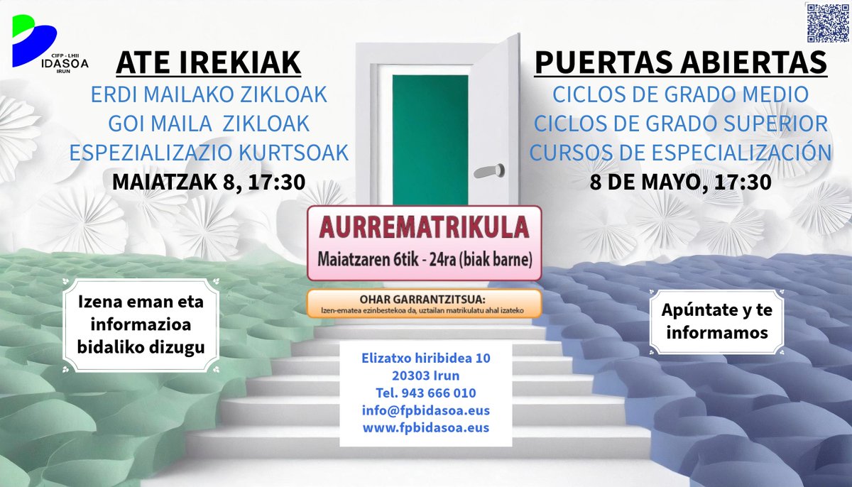 📢PUERTAS ABIERTAS del centro: Ciclos de Grado Medio, Grado Superior y Cursos de Especialización. 8 de Mayo, 17:30. Apúntate y te informamos: docs.google.com/forms/d/e/1FAI… @FPeuskadi @ikaslangipuzkoa