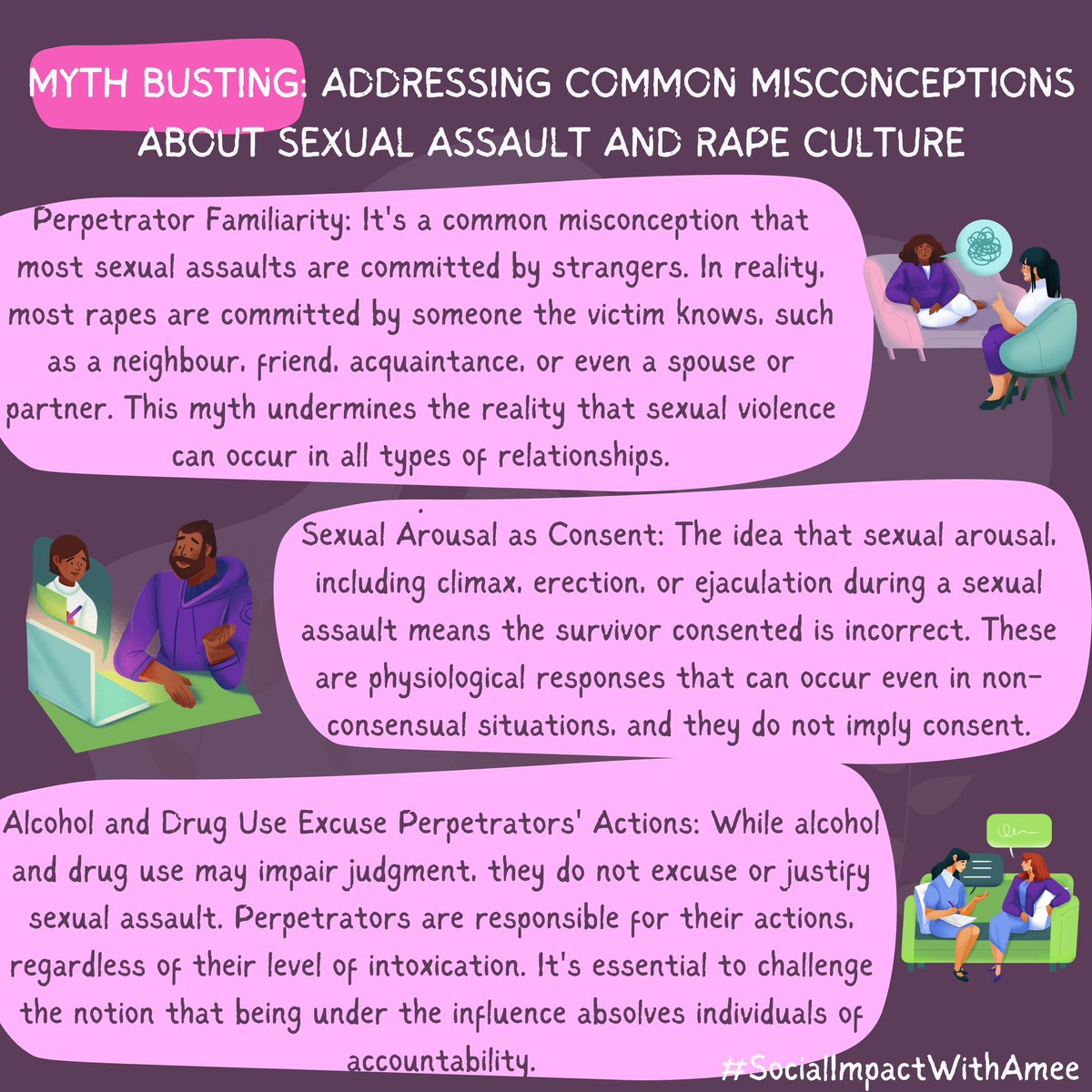 This #sexualassaultawarenessmonth it's crucial to address and debunk common misconceptions about sexual assault and rape culture. These myths often perpetuate harmful stereotypes and misinformation, which contribute to a culture of silence and blame. #SocialImpactWithAmee