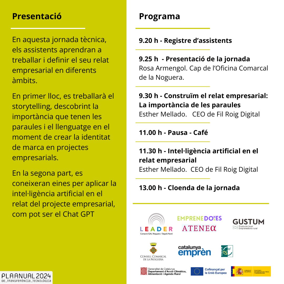 El poder de les paraules. Crea el teu relat empresarial amb la IA ChatGPT 🖥️

🗓️ 24 d’abril
🕑 9.30 h
📍 Consell Comarcal de la Noguera

INSCRIPCIONS:  shorturl.at/pNOU4