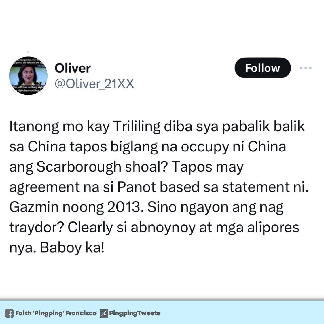 Willl someone explain to these #DDSuckerWumaos that it’s because of this occupation by their #ChineseMasters that P’noy had approached the tribunal and we had won the case! It was then their #DavaoDogMastet who had said that the #TribunalVictory was worth the trash 🚮! The same…