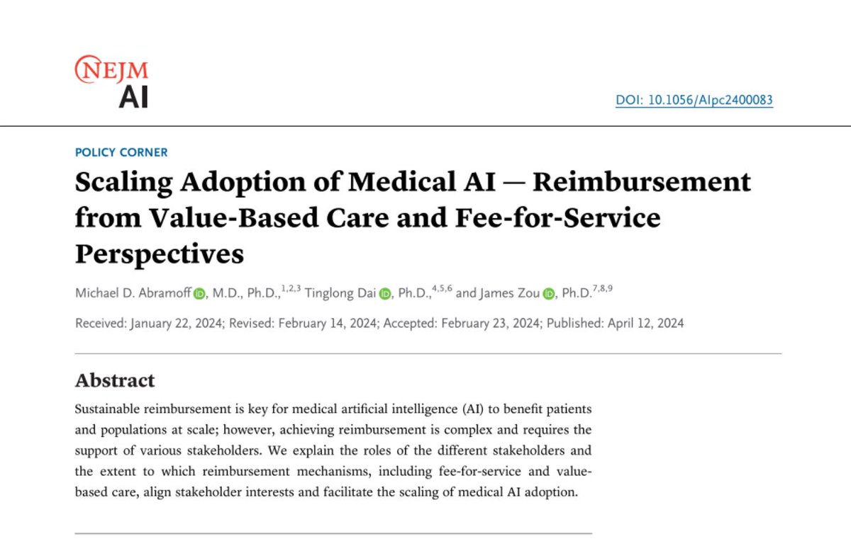 This paper discusses the complex landscape of medical AI reimbursement from perspectives of fee-for-service (FFS) and value-based care (VBC), emphasizing its crucial role in healthcare innovation and adoption. linkedin.com/posts/janbeger…