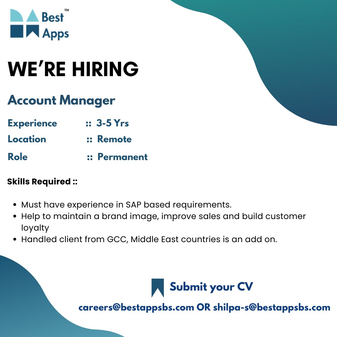 Best Apps Business Solutions Pvt Ltd hiring now
Account Manager 

Share with us your updated CV at
careers@bestappsbs.com & shilpa-s@bestappsbs.com

#jobs #hiring #jobsearch #job #career #it #recruitment #jobseekers #techjobs #jobvacancy #jobopportunity #technology #careers