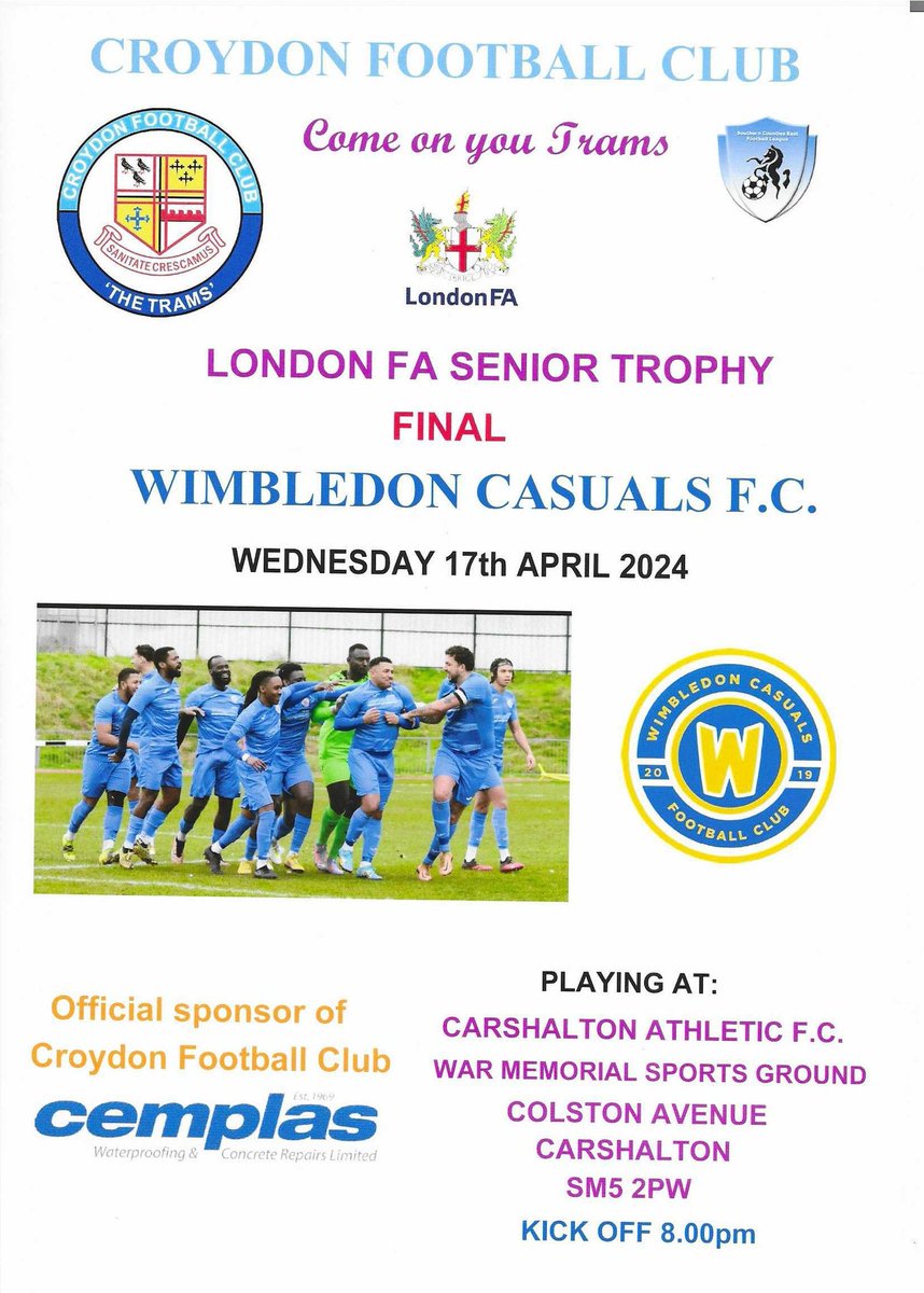 It's #Matchday! Tonight sees @Croydon_FC in the @LondonFA Senior Trophy and @wimbledoncasual are our opponents. @CarshaltonA_FC's ground in Colston Avenue is the venue and kick off is 8pm. #comeonyoutrams #upthetrams #onecroydon #thefinalcountdown #dingding