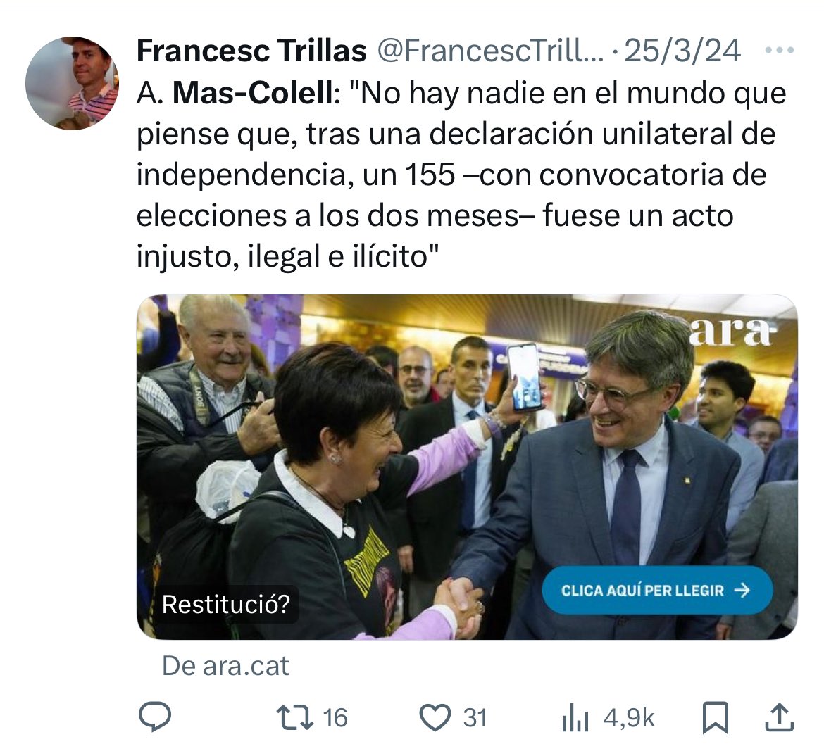 Del PDeCat a ERC i, pel mig, justificant l’aplicació del 155 contra Catalunya a través d’un article (fa tres setmanes) on considera que no va ser cap acte injust, ni il·legal ni il·lícit. Un article sorprenent -el PSC ho va celebrar àmpliament- que avui pren tot el sentit.