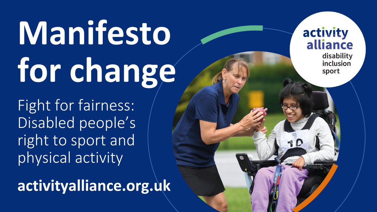 With disabled people twice as likely to be inactive as their non-disabled peers, our manifesto for change highlights ways to close that fairness gap. Released today it highlights three asks for any future government. Find it on our website: activityalliance.org.uk/news/8923-acti…