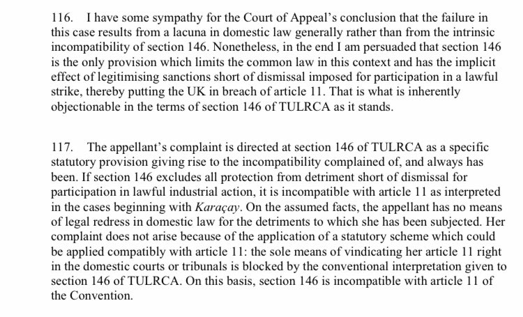 UKSC makes s4 HRA declaration that s146 TULRCA - by impliedly legitimatising sanctions short of dismissal for participation in lawful strikes - is incompatible with Art 11 ECHR.