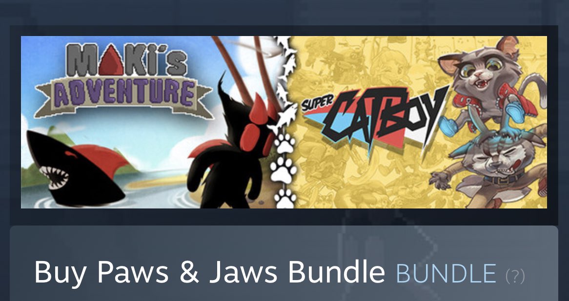 🚨My first Game Bundle🚨

Im super excited to announce that you can get the 🐱Paws &amp; Jaws🦈  Bundle on Steam!

If you love Sharks, Cats and Pixelart Platformers, then grab it now!

Thanks to <a href="/CatboyGame/">Pixelpogo</a> <a href="/AssembleTeam/">Assemble Entertainment 🎮</a> for making the Collab!😊🙏

#indiegame #pixelart #metroidvania