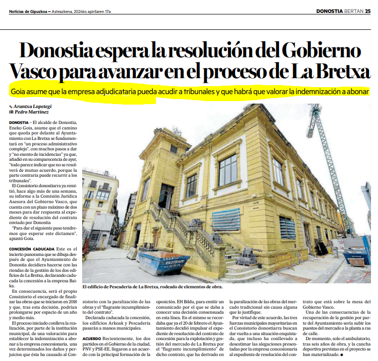 PP_SanSebastian's tweet photo. 🗞️ Hoy el #NoticiasDeGipuzkoa dice lo que hace ya una semana denunciaba nuestro portavoz, @BorjaCorominas 

📽️ "el PNV ha publificado el mercado de la #Bretxa sin saber la indemnización que habrá que pagar y lo que nos va a costar a los #donostiarras".

#LoNuestroEsSanSebastian https://t.co/8FzstD92gF