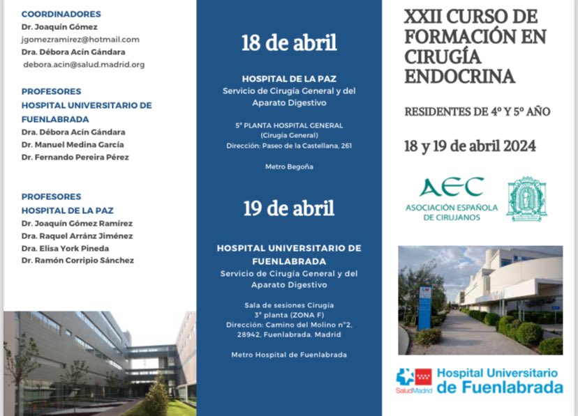 Joaquín GómezRamírez (@joaquin_gom) on Twitter photo Mañana comienza el curso de formación de residentes en cirugía endocrina de la <a href="/aecirujanos/">aecirujanos</a>. ¡Os esperamos! @Dbora41076340 <a href="/raquel_arranzj/">Raquel Arranz Jimenez</a> <a href="/ElisaYorkMD/">Elisa York</a> <a href="/HULPSurgery/">Cirugía General y Digestiva H.U. La Paz, Madrid</a> <a href="/CirEnd_AEC/">CirugíaEndocrina-AEC</a> <a href="/aecat_es/">AECAT</a> Mañana comienza el curso de formación de residentes en cirugía endocrina de la <a href="/aecirujanos/">aecirujanos</a>. ¡Os esperamos! @Dbora41076340 <a href="/raquel_arranzj/">Raquel Arranz Jimenez</a> <a href="/ElisaYorkMD/">Elisa York</a> <a href="/HULPSurgery/">Cirugía General y Digestiva H.U. La Paz, Madrid</a> <a href="/CirEnd_AEC/">CirugíaEndocrina-AEC</a> <a href="/aecat_es/">AECAT</a>