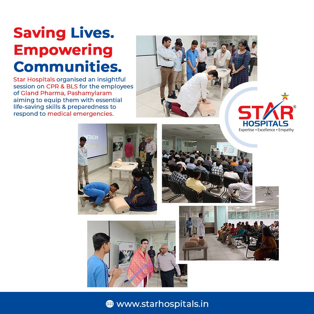 BLS & CPR Training program.

Star Hospitals organised BLS (Basic Life Support) & CPR (Cardiopulmonary Resuscitation) training for the workforce of Gland Pharma, Pashmylaram.

#BLS #CPR #EmployeeHealth #StarHospitals #StarHospitalsFinancialDistrict #StarHospitalsBanjaraHills