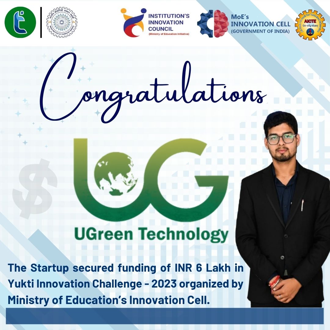 🌟Gaurav Dwivedi, the founder of TIDES IIT Roorkee incubated startup UGreen Technology Pvt. Ltd, has secured a grant of INR 6 Lakhs from the Ministry of Education's Innovation Cell - MIC and the All India Council for Technical Education (AICTE).🌟