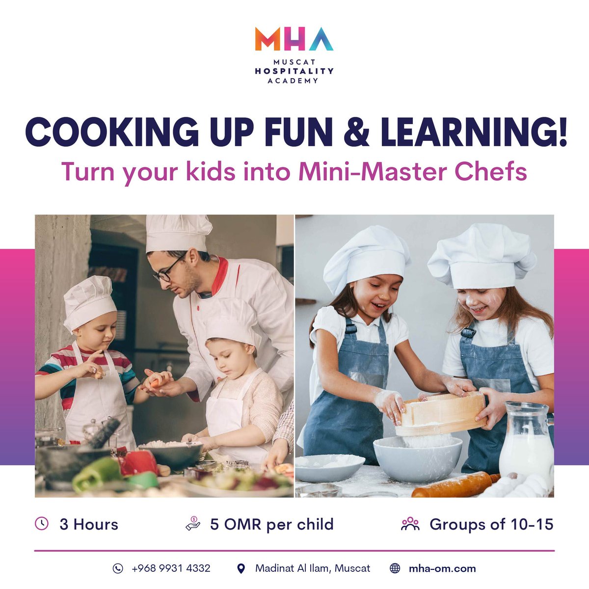 MHA_Oman's tweet photo. Boost your child’s confidence and independence by teaching them the art of healthy cooking and kitchen safety. 
For Registration contact us :99314332

#mha https://t.co/0QwV2dDSo9