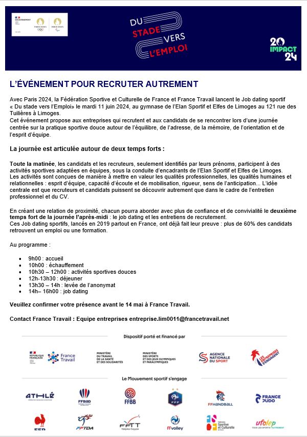 SylvainCluzeau's tweet photo. 🗓️ J-100 avant les JO de Paris 2024 🏅

@laFSCF et @FTravail_NA proposent une nouvelle édition Du Stade Vers l'Emploi à #Limoges le 11 juin.

Recruteurs, rencontrez autrement des candidats lors de ce #jobdating.
Contactez votre France Travail 🏃🏃‍♀️🏃‍♂️

#recrutement #Emploi https://t.co/KPoMNYfbG0