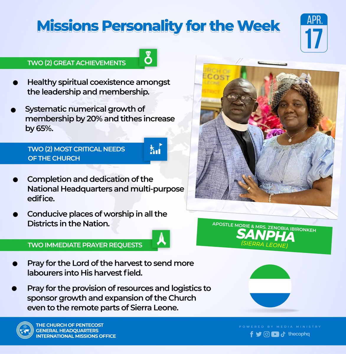 thecophq's tweet photo. Join us this week as we celebrate this amazing Missionary (Apostle Morie Sanpha) and his family, who are striving hard to expand the Kingdom of God in Sierra Leone ๐ธ๐ฑ.
Your word(s) of encouragement and prayer support would be highly appreciated.
#MPFTW | #PossessingtheNations https://t.co/FipHeIldVA