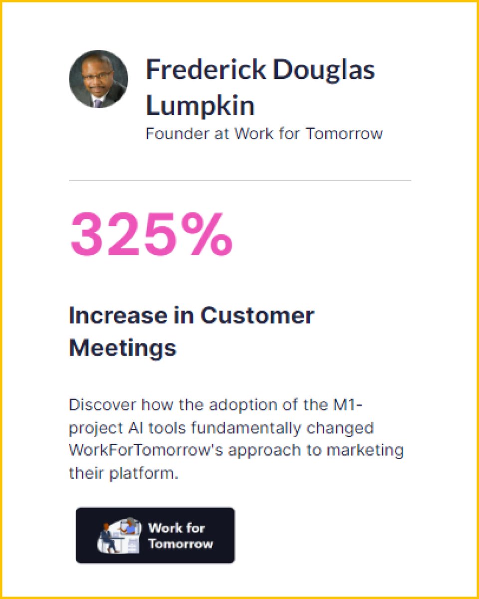 M1_project_com's tweet photo. 📈 Frederick Johnson | Marketing Transformation Leader

▪️ Tripled weekly meetings with targeted parties
▪️ Instilled newfound confidence in outreach efforts

Dive into Frederick's data-driven strategy! Explore Now: https://t.co/pA0Frv9XVc https://t.co/0hLIxcfnix