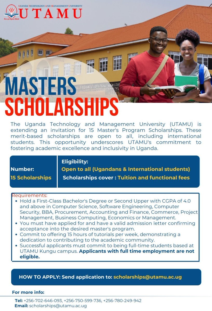 .@utamu_uni Master's Scholarships awaits you! Secure your spot for the May 2024 intake and set off on a fulfilling academic journey. Apply here utamu.ac.ug/admissions/app… and don't let this chance for success pass you by.