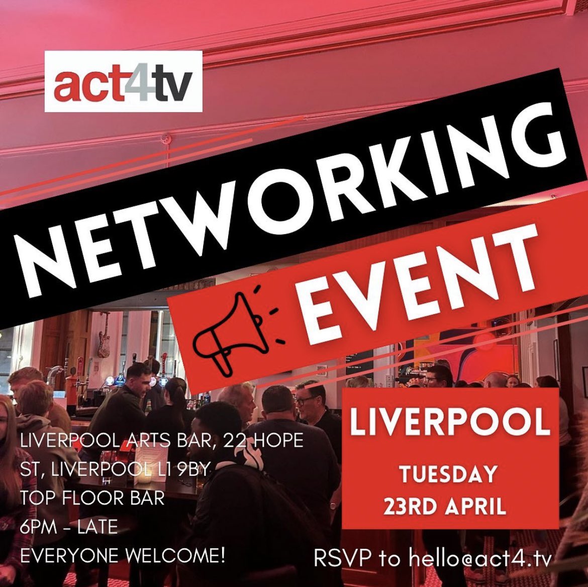 LIVERPOOL 🤩🤩🤩 Who’s coming to our networking event at @livartsbar next week 🙌🏻 RSVP to hello@act4.tv OPEN TO ALL ACTORS 🥳 we can’t wait to see some new and familiar faces all in one room 🥳