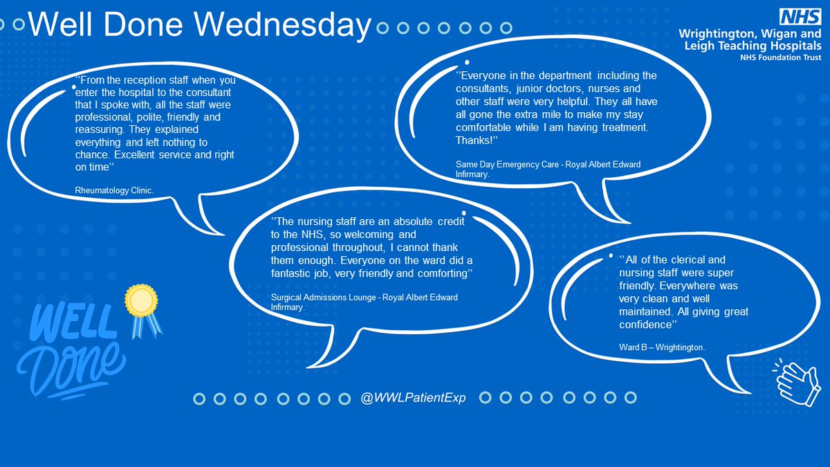 #WelldoneWednesday to our amazing teams in Rheumatology, Ward B, Surgical Admissions and Same Day Emergency Care! Amazing patient feedback! 
👏😃👏well done! 
@k_mantron
@wrightington16 @WWLNHS