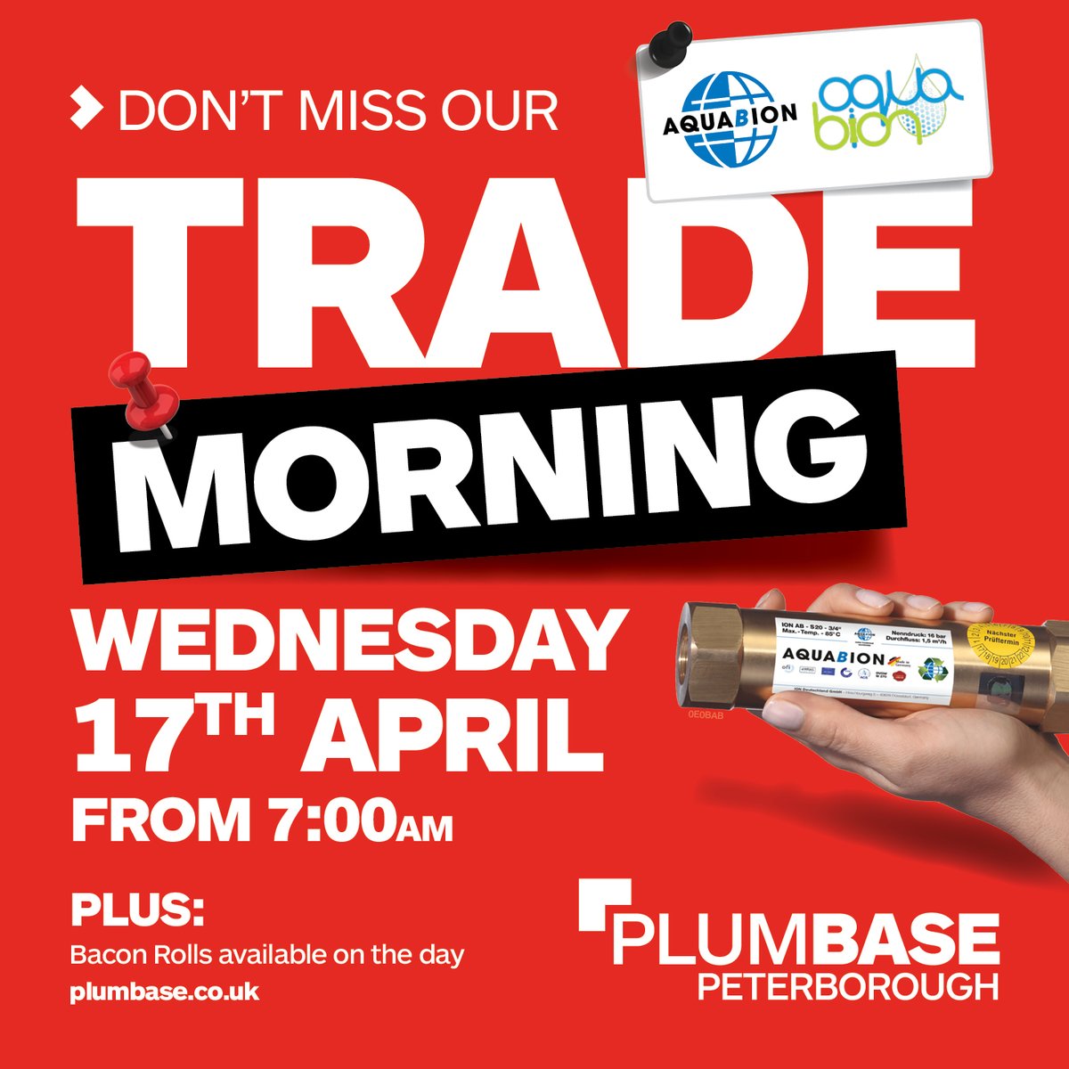 😊Plumbase Peterborough😊 would love you to join them for their @Aquabion1 Trade Morning on Wednesday 17th April from 7am. Grab a bacon roll and find out about what they have to offer. 👍 #plumbers #plumbersemerchants #peterborough