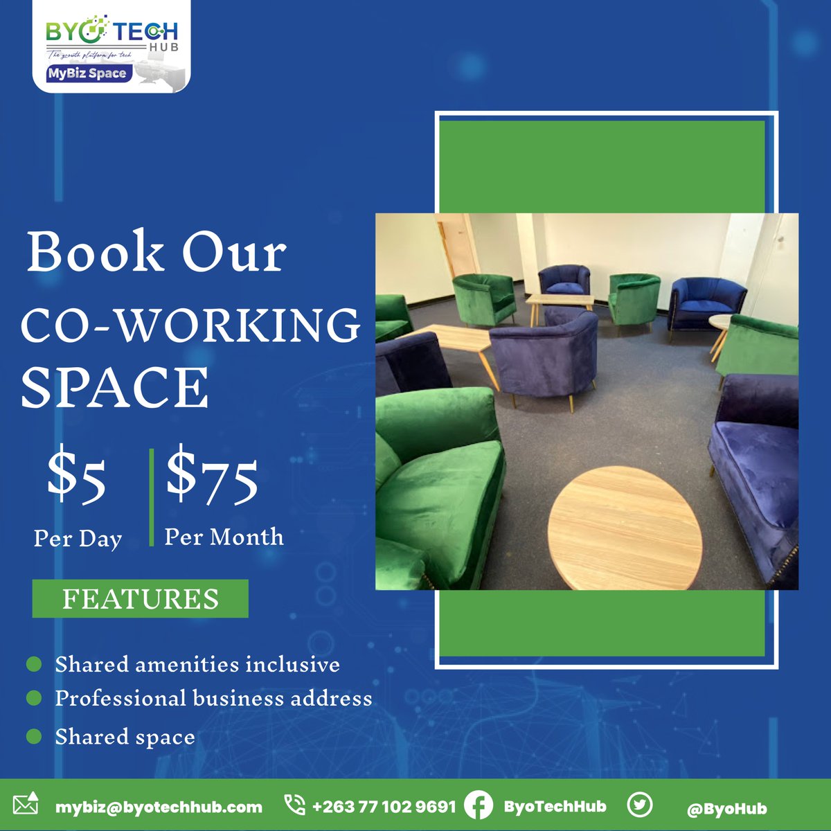 Are you a businessman or woman, looking for a comfortable workspace and a way to cut down your overhead cost? Book our co-working space for as low as $5 per day and $75 per month. Features ✅ Shared amenities inclusive ✅ Professional business address ✅ Shared space