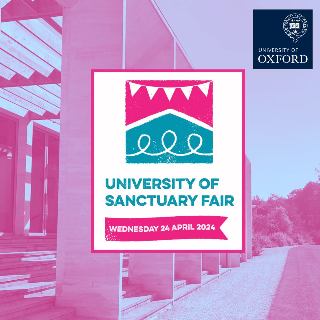 To mark the first anniversary of @UniofOxford being awarded University of Sanctuary status, you are invited to attend the Sanctuary Fair 📅 Wednesday 24 April ⌚ 2–6pm 📍 @WorcCollegeOx Register to attend and help make sanctuary a reality at Oxford: ox.ac.uk/about/organisa…