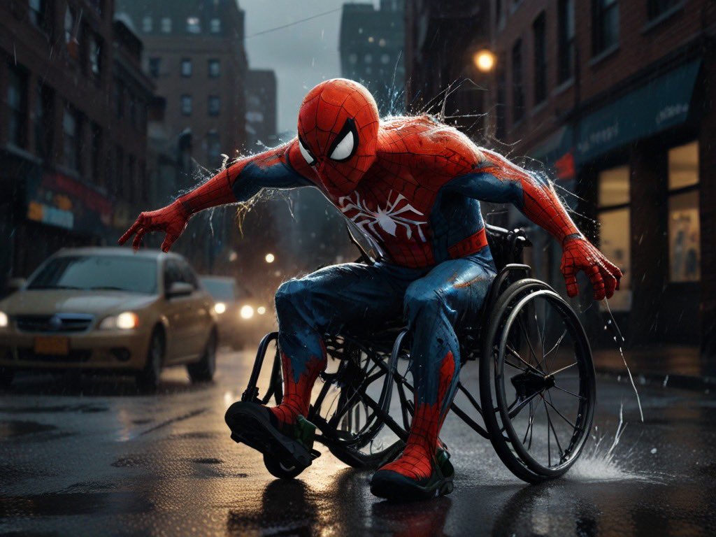 Tittle Spider-Man Wheelchair man

Spider webs gleaming,
Wheeling through the city's thrum,
Hero in silence.

4/17/2024 5:15am Eastern Standard Time 

#disabledpoet #disabilitycommunity #poetrycommunity  #wheelchair #wheelchairuser #wheelchairlife