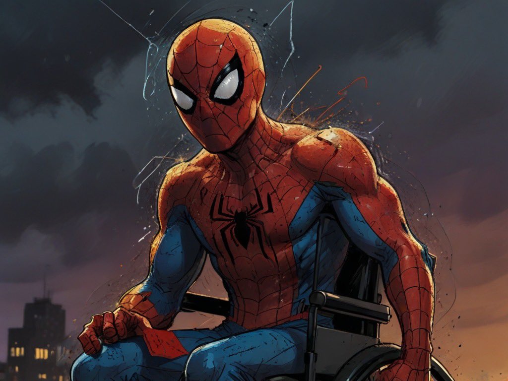 Title Wheelchair Spider-Man🕸️
Webs of strength unfurl, 
Wheeling through the city’s sprawl, 
Spider-Man, seated tall.
♿️🕸️🕷️♿️
4/17/24 5:14am Eastern Standard Time 

#HaikuPoetryDay #poetry #wheelchair #wheelchairuser #wheelchairlife  #disabilityTwitter