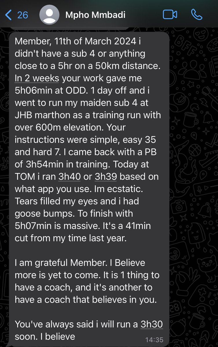 TheeMusa's tweet photo. Making him run the sub 4 in training achieved my objective of boosting his confidence. At Two Oceans he achieved his revised target of sub 3h40 crossing the marathon mark in 3h39. He went on to improve his previous Two Oceans time of 5h48 by 41min clocking 5h07
10/10
#InSaneSquad https://t.co/0jNdIsFnv8