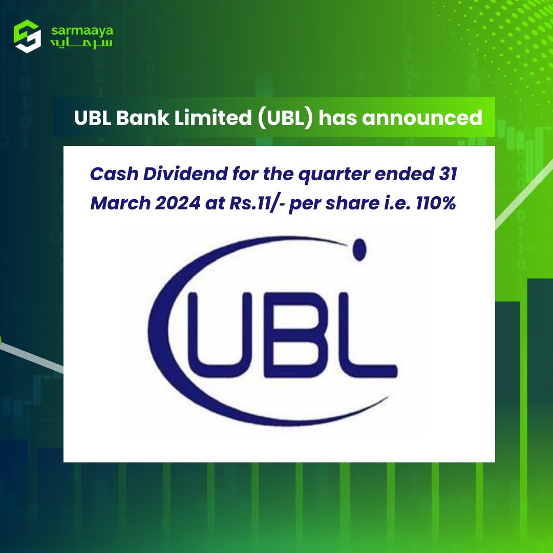 UBL Bank has announced a cash dividend for the quarter ended 31 March 2024 at Rs.11/-per share i.e. 110%

For more information visit:
sarmaaya.pk/psx/company/UBL

#UBLBank #dividend #sarmaayafinancials