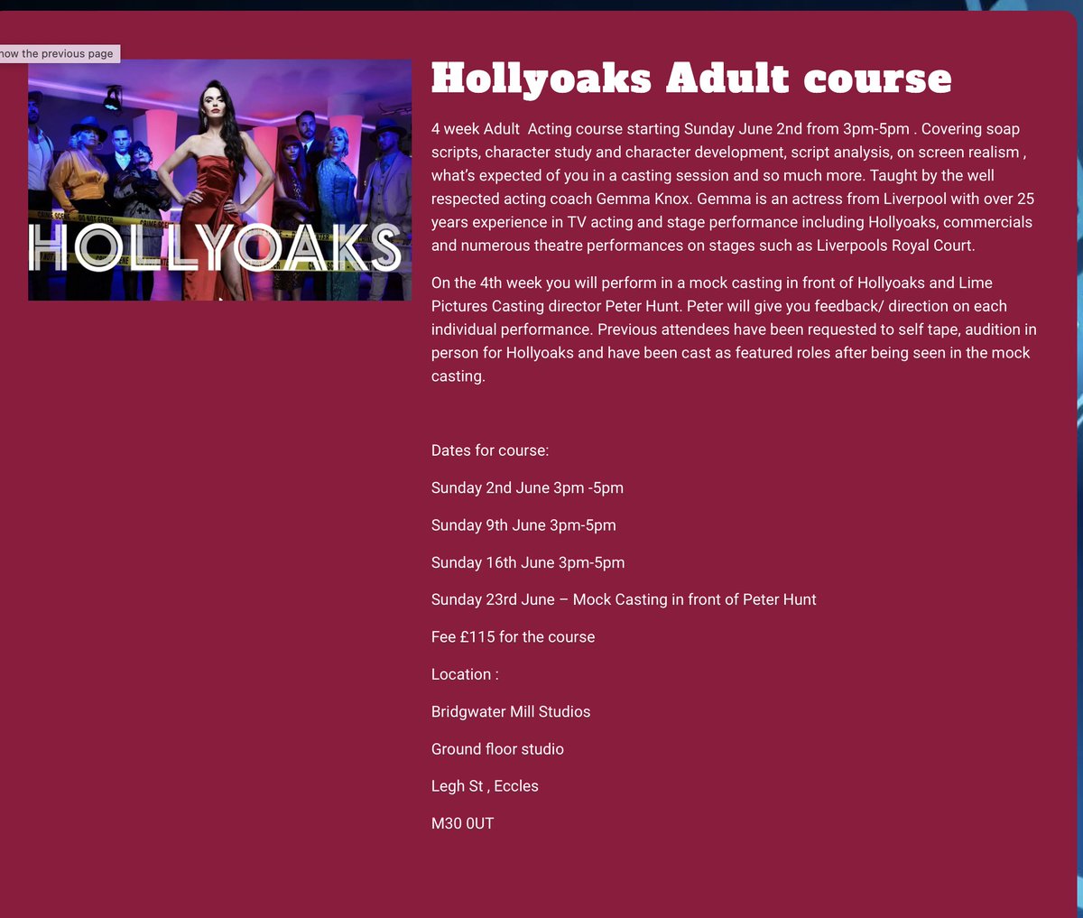 just 6 places available on our Hollyoaks adult course starting June 2nd. on the 4th week you will perform in a mock casting in front of Hollyoaks casting director from Lime pictures and C4 Peter Hunt. Click on the link below to book your place. screenplayacting.com/hollyoaks-adul…