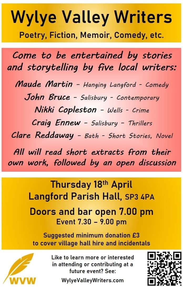 Tomorrow! April 18th at Langford Village Hall! #WylyeValleyWriters - come along if you can!! #shortstories #performance #openmic #memoir #comedy #poetry #writingcommunity #Wiltshire