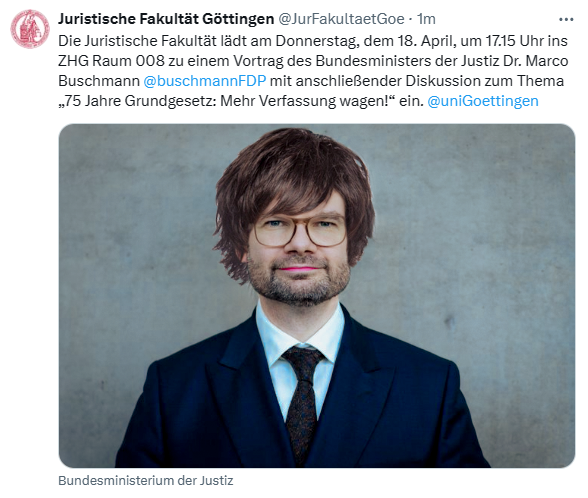 Morgen bin ich als weiblich gelesene Justizministerin in Göttingen und nehme Anmeldungen für Namens- und Geschlechtsanpassungen entgegen. Die Bildungselite geht mit leuchtendem Beispiel voran, für eine starke Verfassung und die Vielfalt in unserer Gesellschaft @JurFakultaetGoe