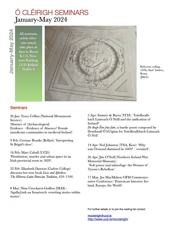 This week's Ó Cléirigh seminar at 4pm on 19 April in @ucddublin is Neil Johnston (TNA, Kew) on ‘Why was Ormond dismissed in 1669? – revisited’. Fáilte roimh chách /all welcome