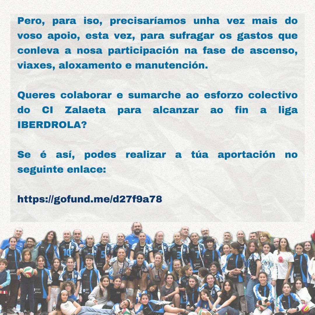 VoleiGalego's tweet photo. 🏐🔝 O @cvzalaeta lanza unha campaña de apoio para a Fase de Ascenso á Liga Iberdrola!
🗓 Do 25 ao 28 de abril loitarán polo ascenso en Cartegena e precisan a vosa axuda!
💪🏻 Queres apoialas? Visita a seguinte ligazón:

https://t.co/CoOIZaB5ak https://t.co/a70AQPS4wA