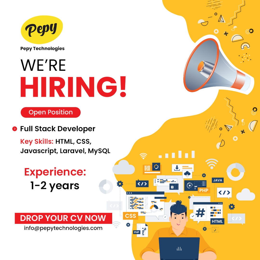 join our dynamic team! 

Experience: 1 - 2 Years

Drop Your CV
info@pepytechnologies.com

Our website:
pepytechnologies.com

#NowHiring #Jobopening #JobVacancy #FullStackDeveloper #Fullstack #TechJobs #ITJob  #JobHiring #pepytechnologies