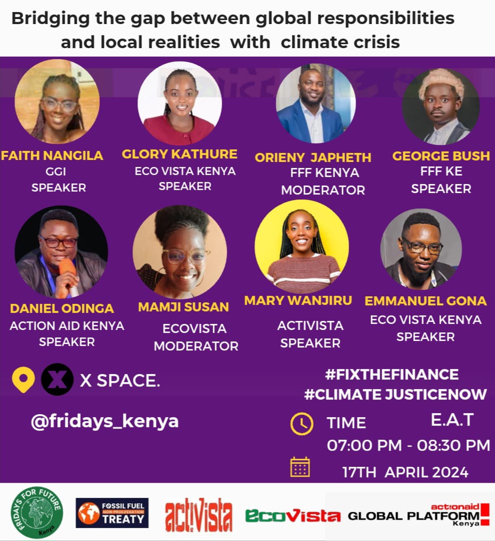 Join the X space tonight at 7pm for an insightful discussion on bridging global responsibilities with local realities in the face of the climate crisis. Let's make a difference together Tracking Climate Finance #FixTheFinance @ActionAid @ActionAid_Kenya @GP_Kenya @Fridays4Future